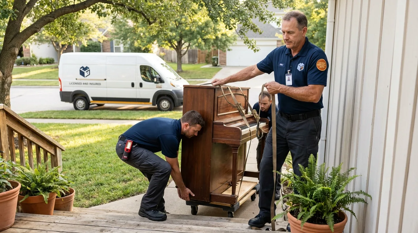 Licensed piano movers securing grand piano in Millstadt, IL
