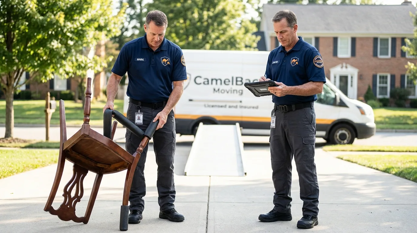 Movers inspecting furniture for damage prevention before loading in Millstadt, IL