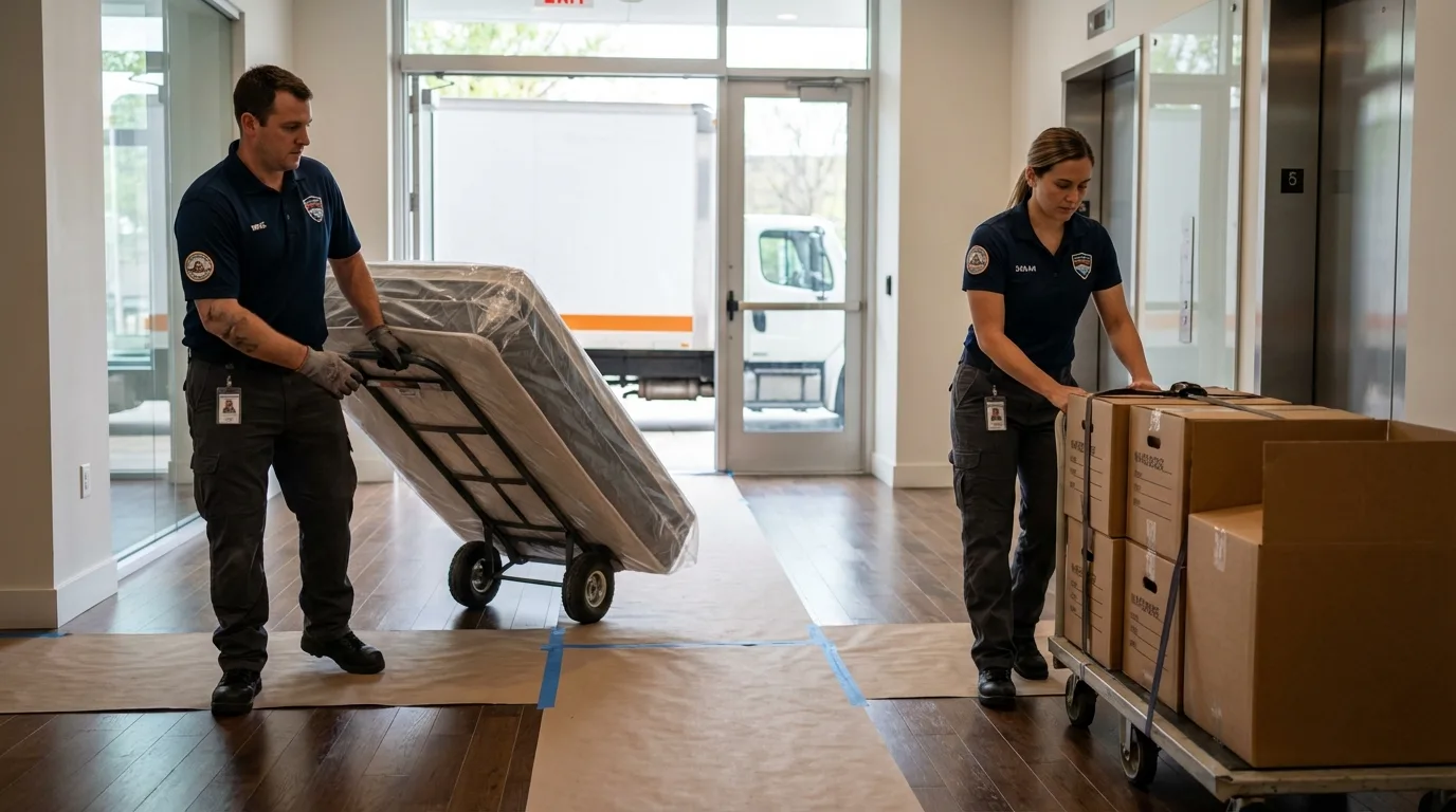Professional apartment movers loading elevator in Millstadt, IL