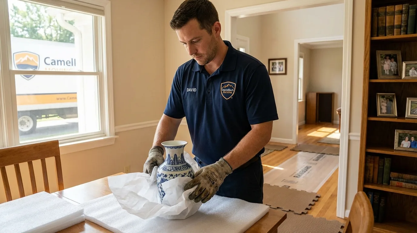 Professional crew carefully wrapping antique vase for senior downsizing move in Millstadt, IL